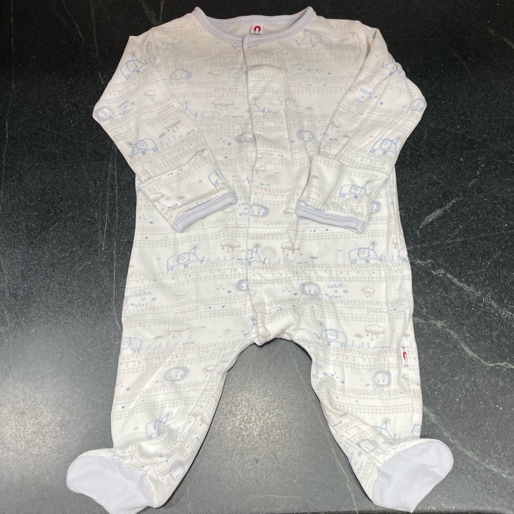 Magnetic Sleeper Footie White w/ Blue Elephants Sleeper Baby Size 0-3 Months